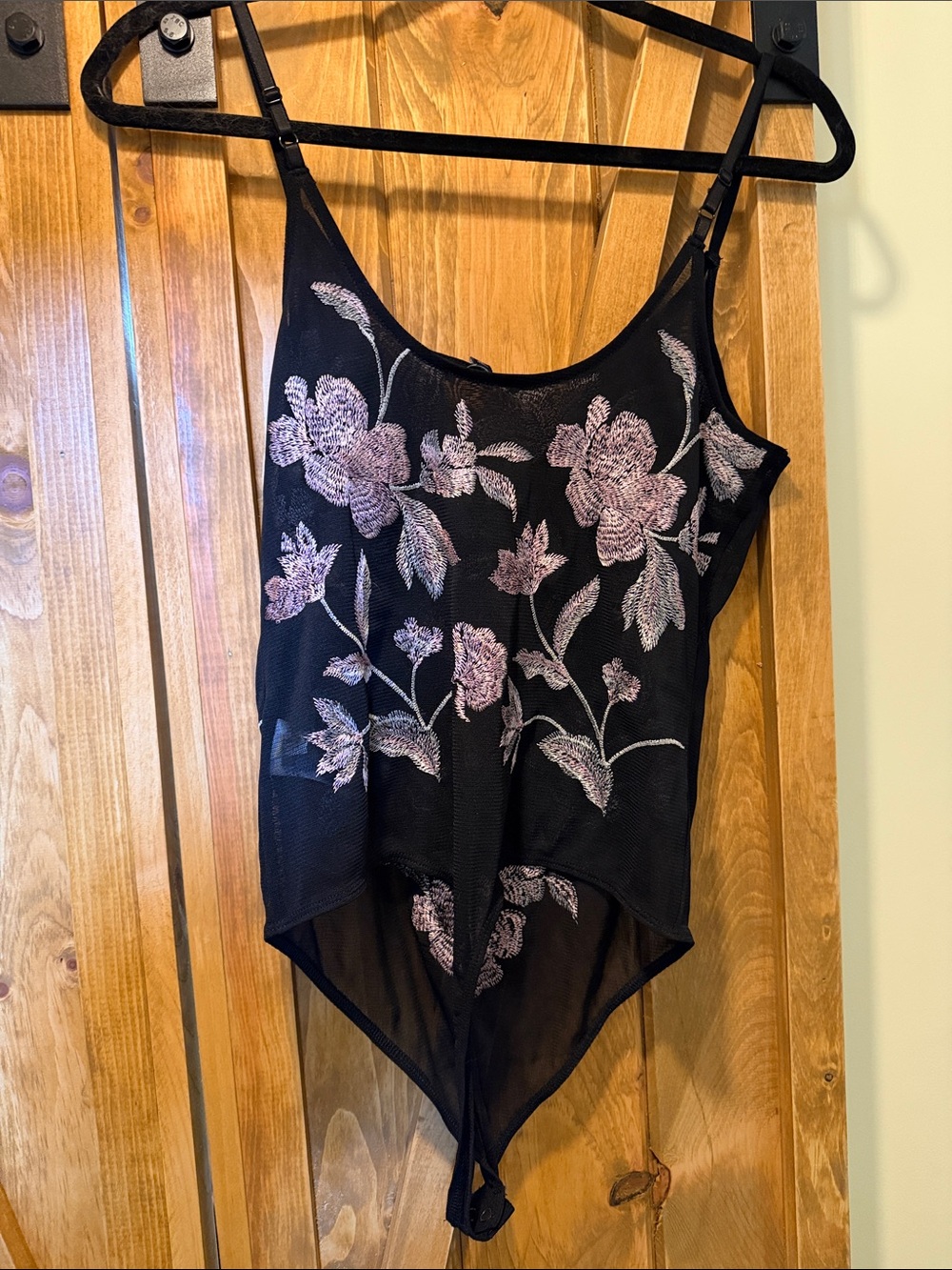 Express Black Sheer Bodysuit with Lavender Floral Embroidery - Picture 4 of 5